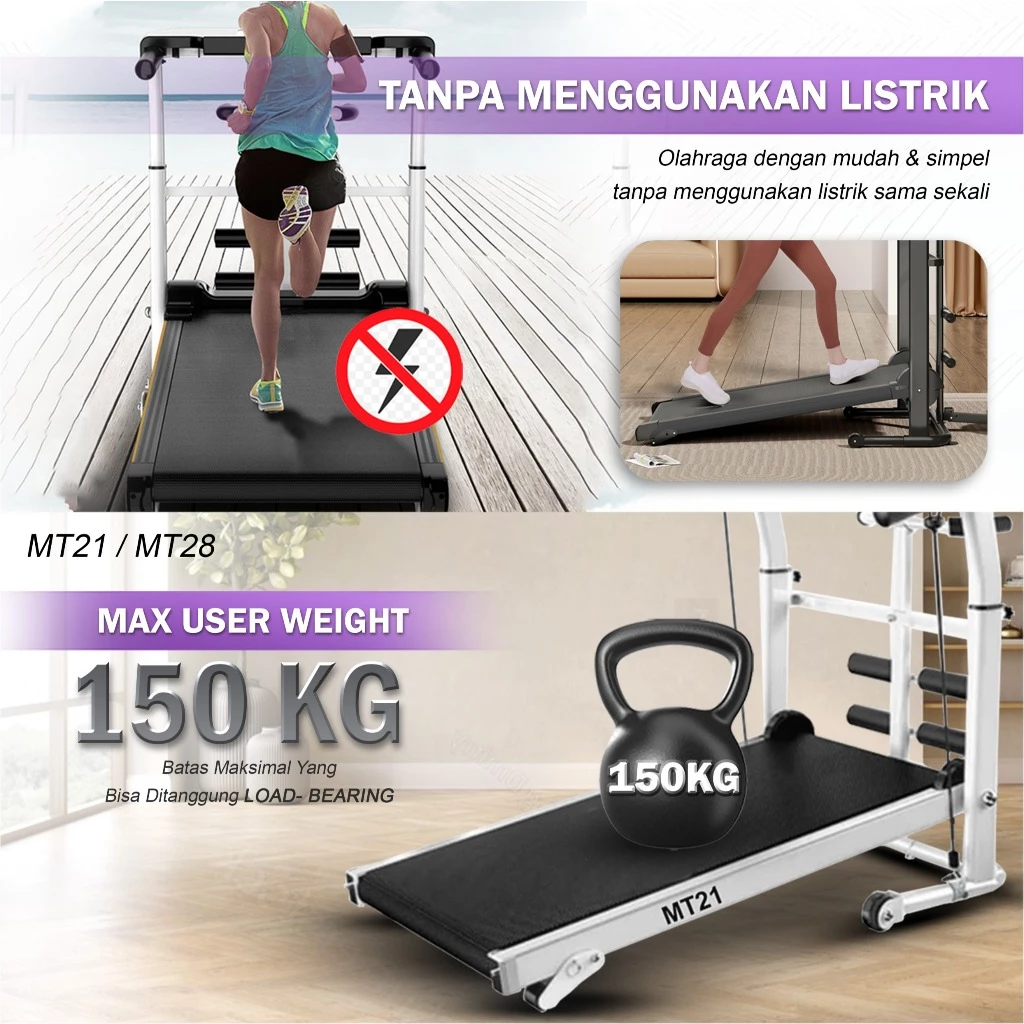 TWEN MT21 Putih Treadmill Tanpa Listrik Portable Multifungsi Gambar produk 4