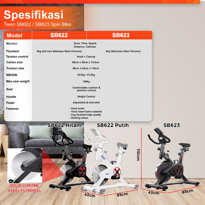 Twen SB622 Spin Bike Sepeda Kardio Statis Fitness Alat Olahraga Gambar produk 2