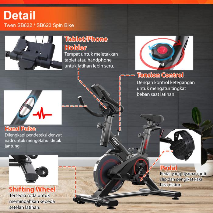 Twen SB622 Spin Bike Sepeda Kardio Statis Fitness Alat Olahraga Gambar produk 3