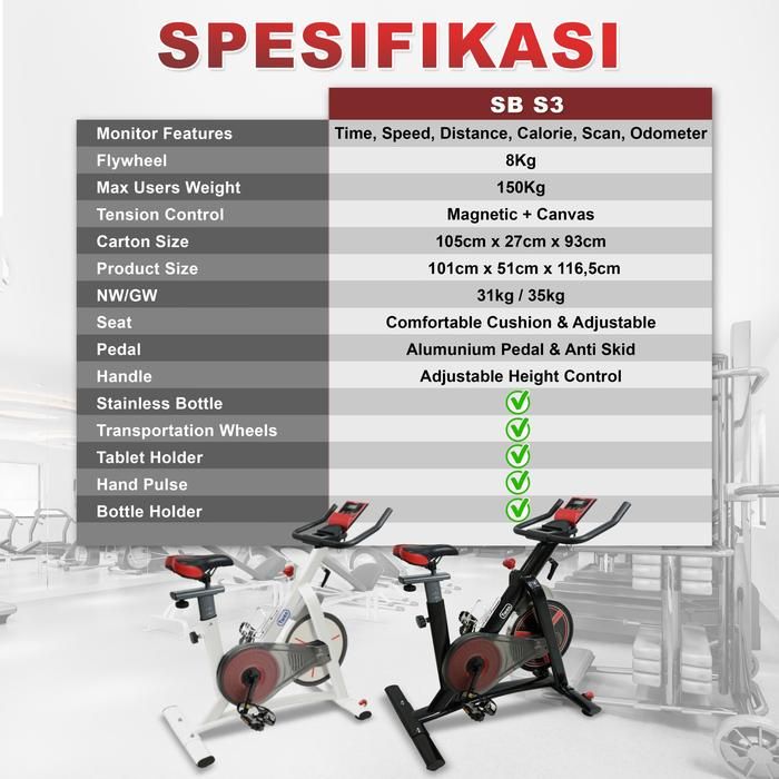 Twen S3 White Spin Bike Sepeda Kardio Statis Fitness Alat Gambar produk 8