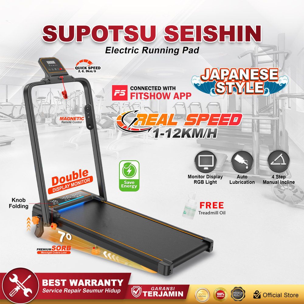 SUPOTSU Seishin Black Treadmill Listrik Treadmill Portable Treadmill Multifungsi Treadmil Lipat Alat Olahraga